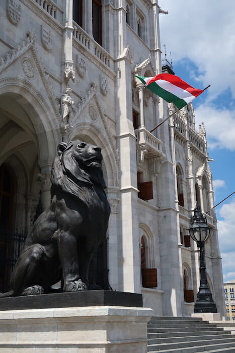 a statue of a lion in front of a building