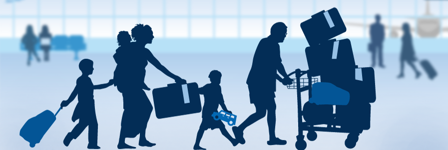 a silhouette of people carrying luggage and a child