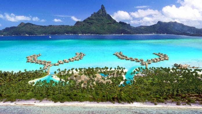 a tropical island with huts and a beach with Bora Bora in the background