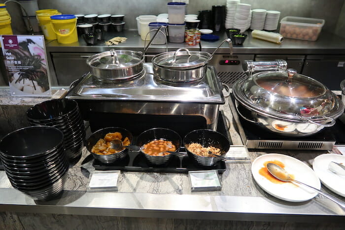 a buffet with food on the counter