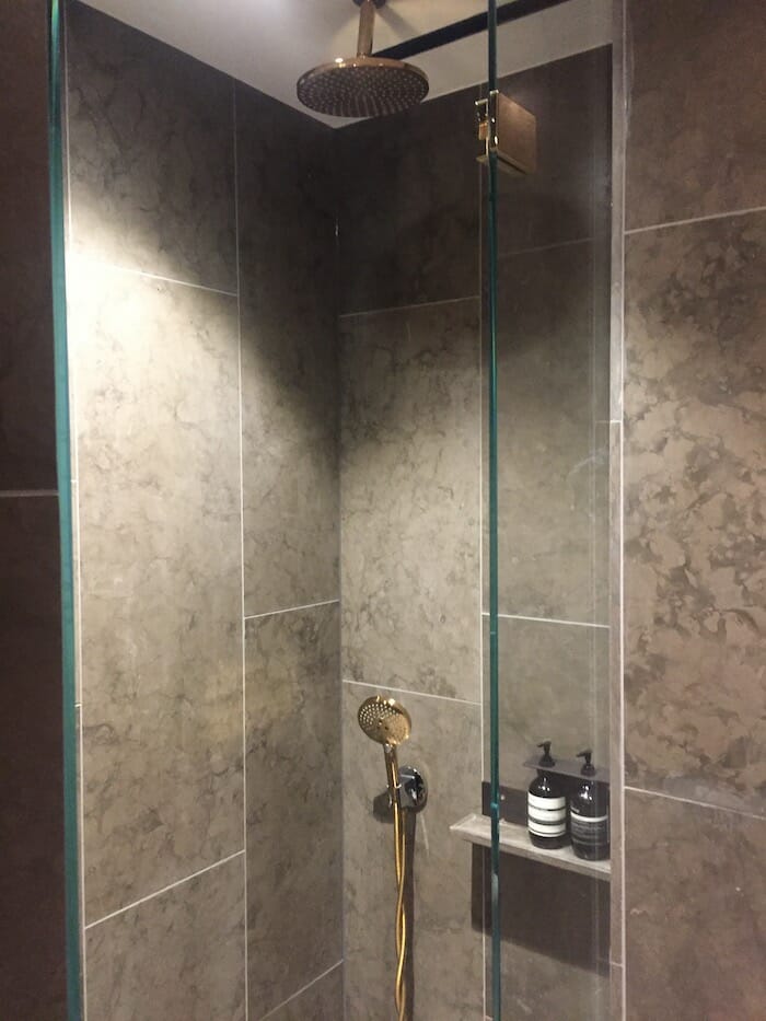 a shower with a glass door