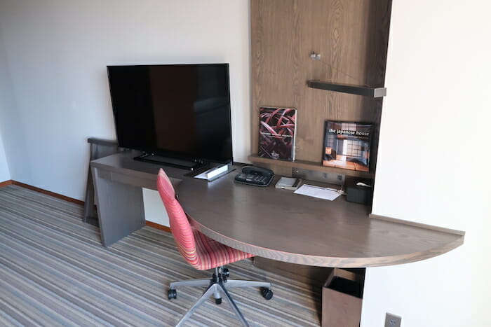 a desk with a television and a chair