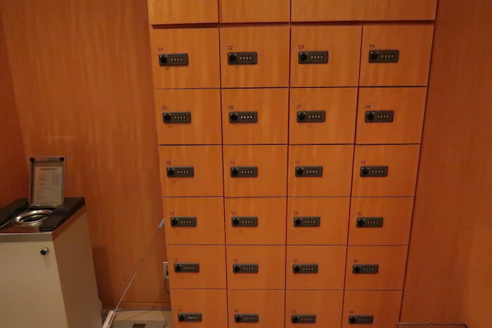 a group of wooden lockers