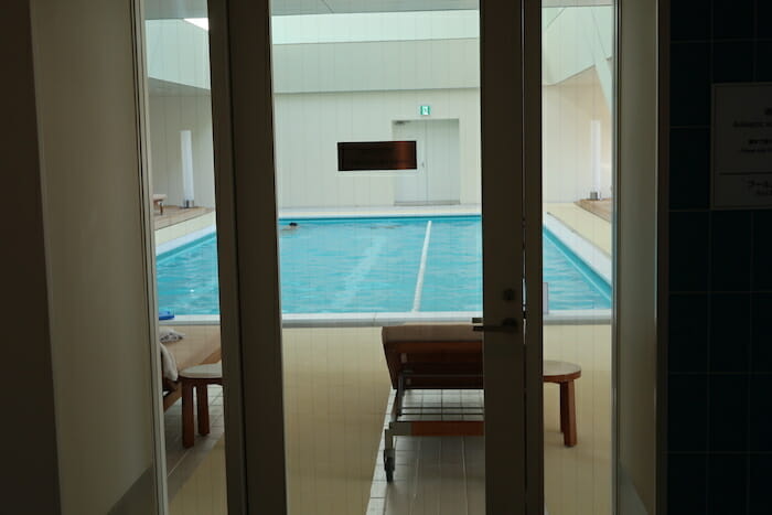 a pool outside a door