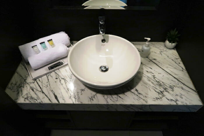 a sink on a marble counter