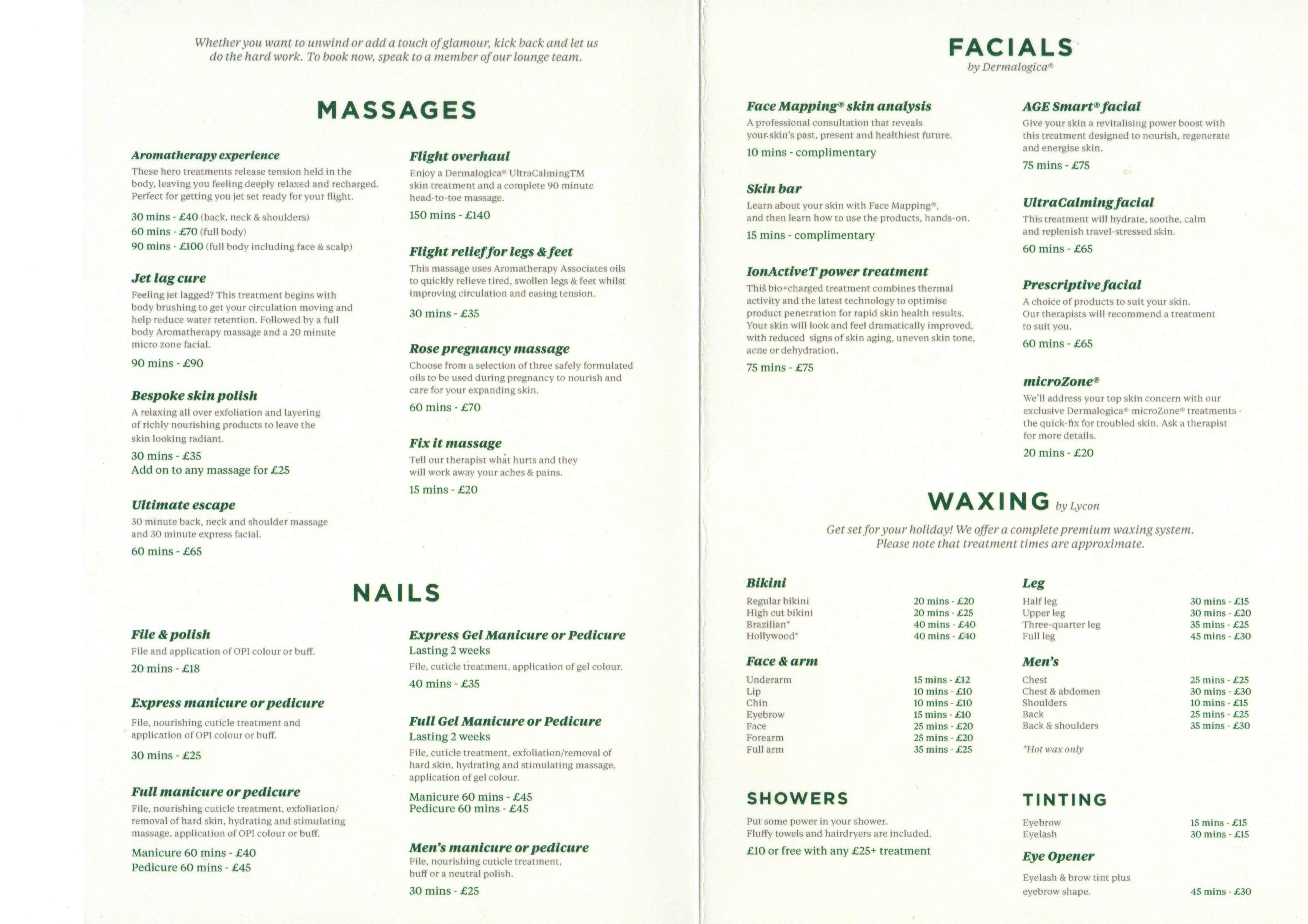 a menu of a beauty salon