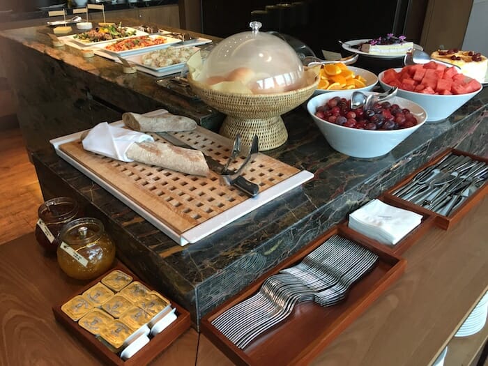 a buffet table with food on it