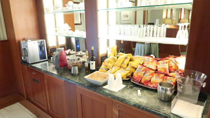 a counter with food and drinks on it