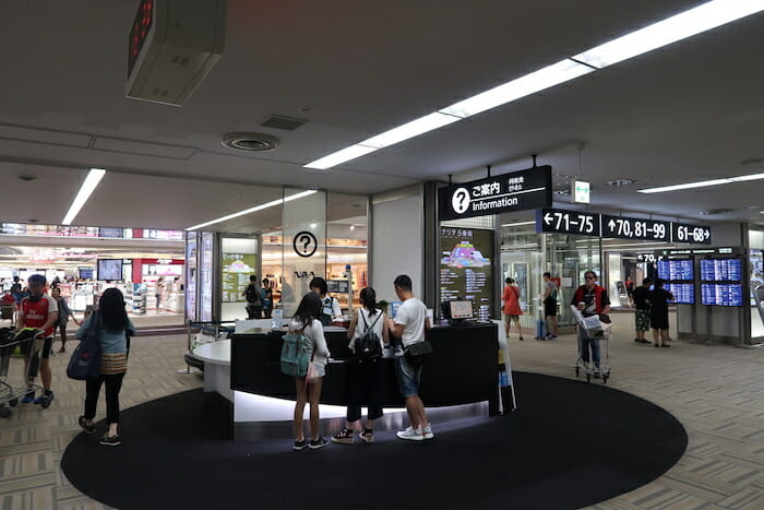 people standing at a counter in a building