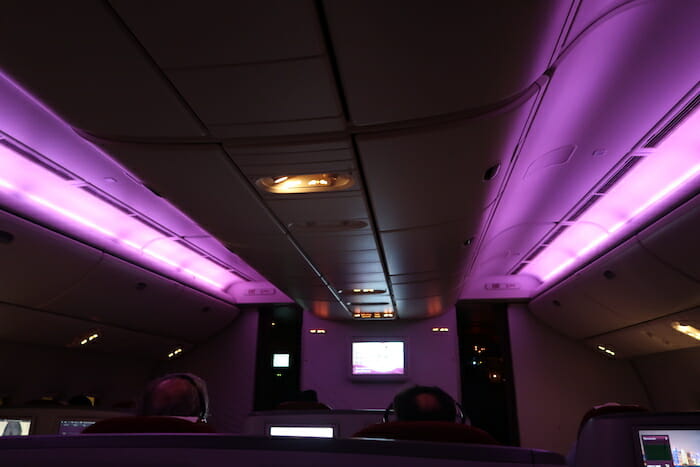 inside a plane with purple lights