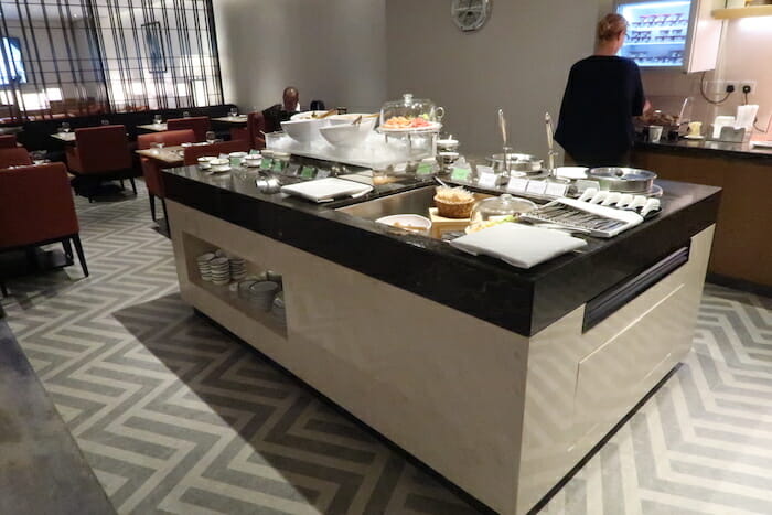 a buffet table with food on it