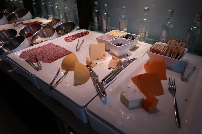 a buffet table with different types of food