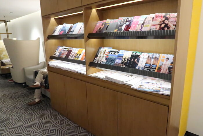 a shelf with magazines on it