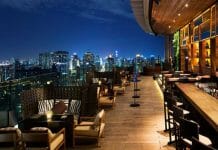 a rooftop bar with a city view