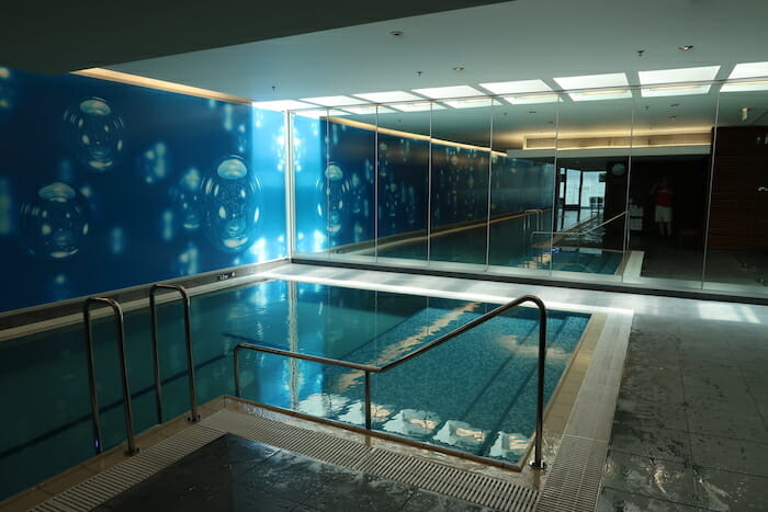 a swimming pool inside a building