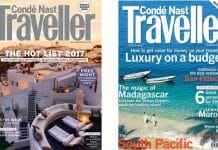 a couple of magazines with a beach and a city