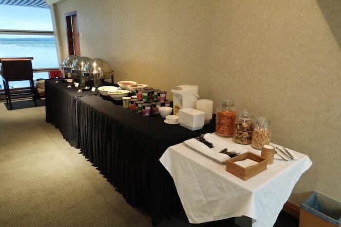 a buffet table with food on it