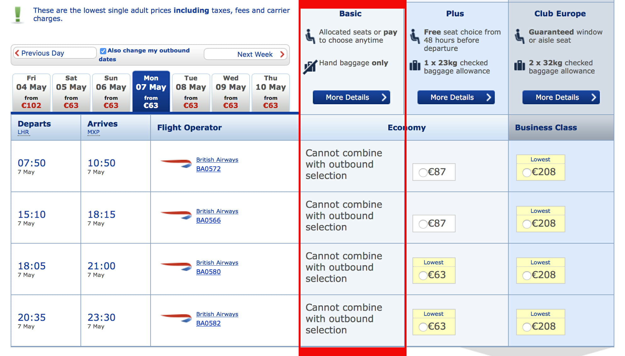 british airways flight allowance