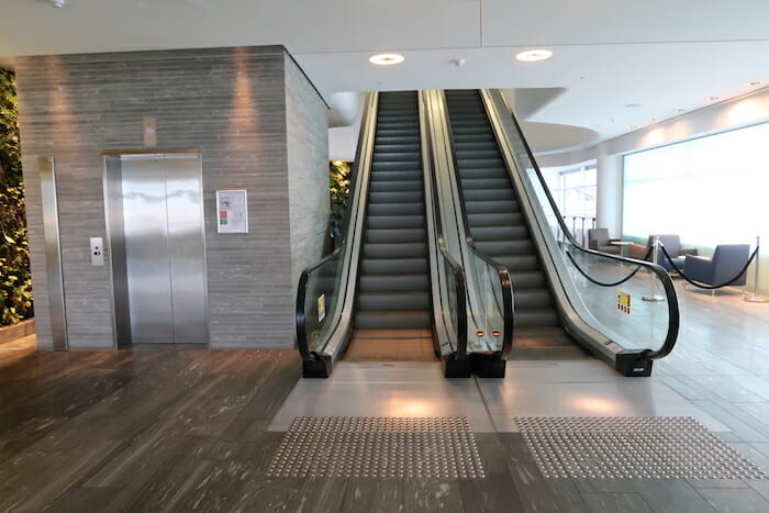 a two escalators in a building