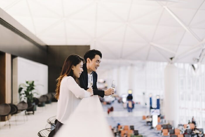 a man and woman looking at each other