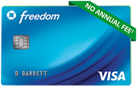 a blue credit card with green ribbon and white text