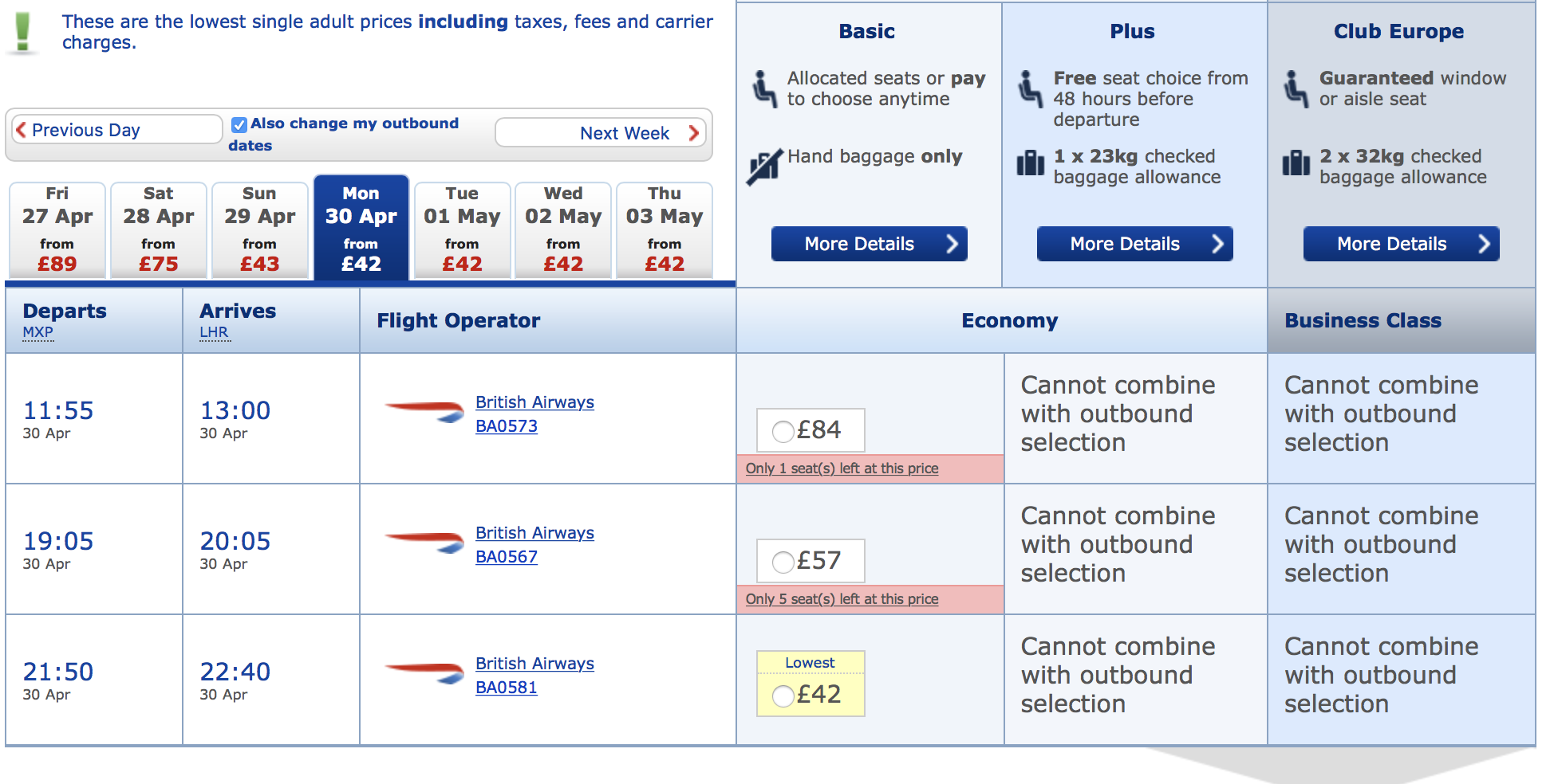 a screenshot of a flight schedule