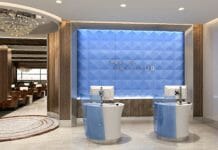 a blue and white bathroom