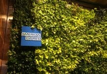 a sign on a wall of green plants