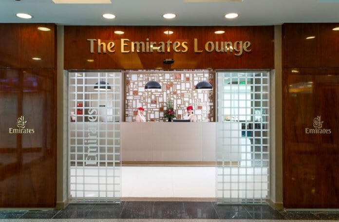 a reception area with a sign