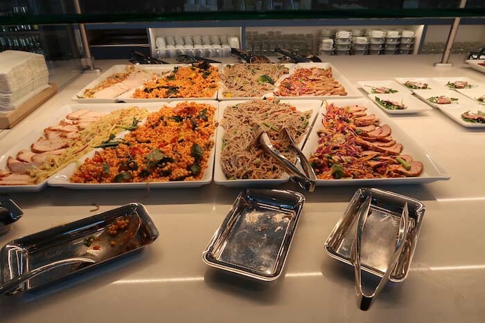 a buffet table full of food