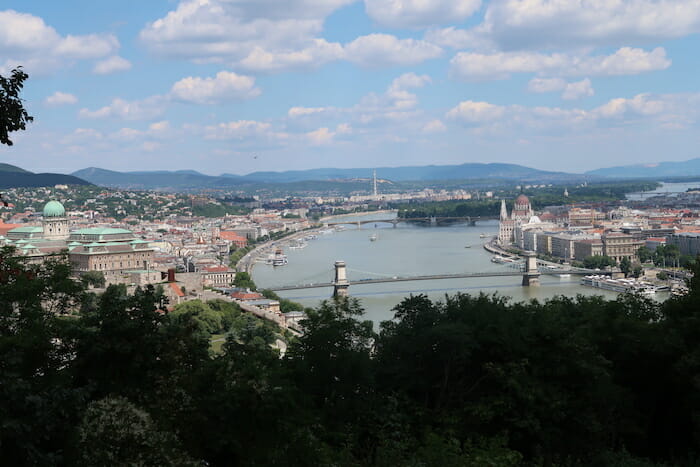 a bridge over a river with buildings and trees