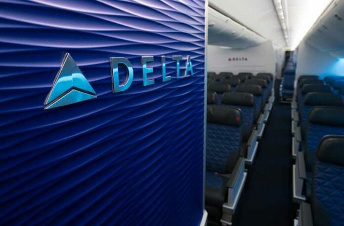 a close-up of a blue sign on a plane