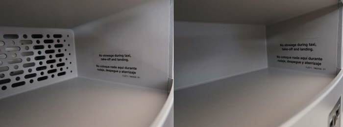 close-up of a white shelf with black text