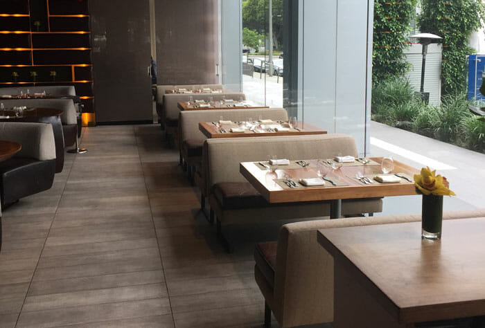 a row of tables in a restaurant