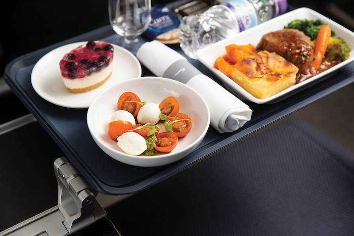 food on a tray on a plane