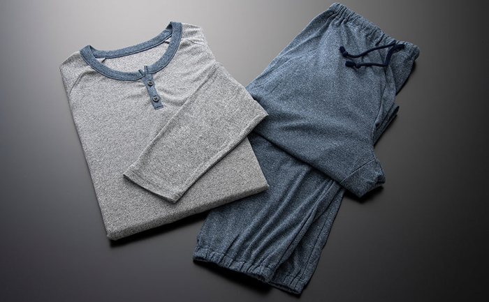 a pair of grey and blue pajamas
