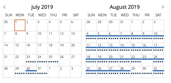 a calendar with blue dots