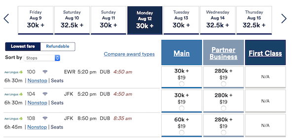 Aer Lingus Award Chart