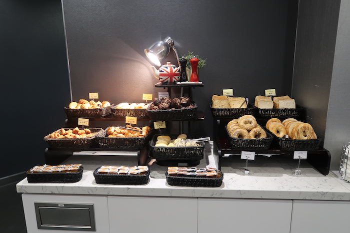 a display of pastries and bread