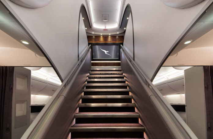 a flight of stairs in an airplane