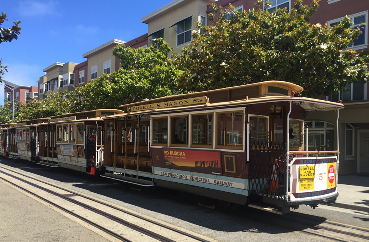 a trolley car on a street