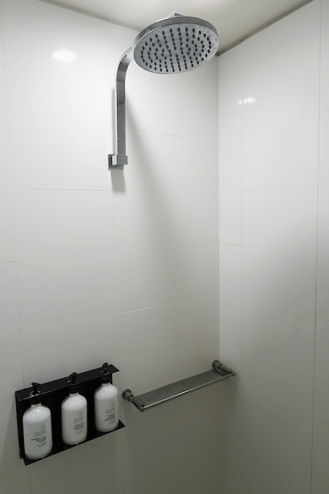a shower with a bar and white bottles