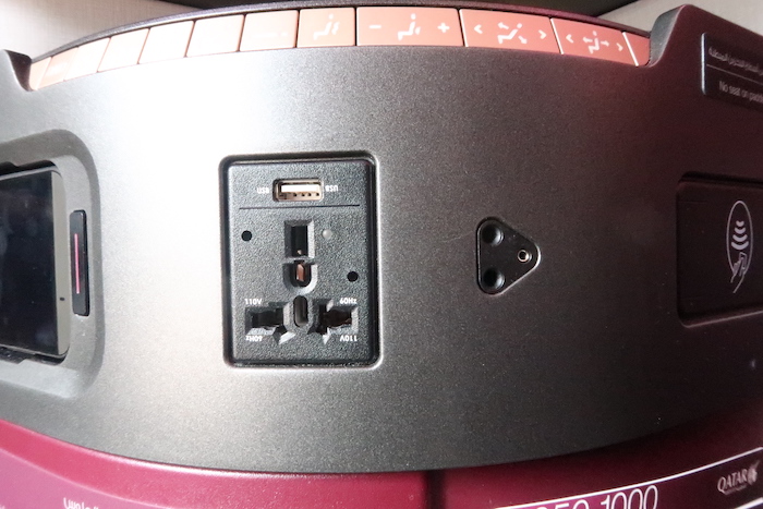 Qatar Airways A350-1000 Qsuite universal power outlet