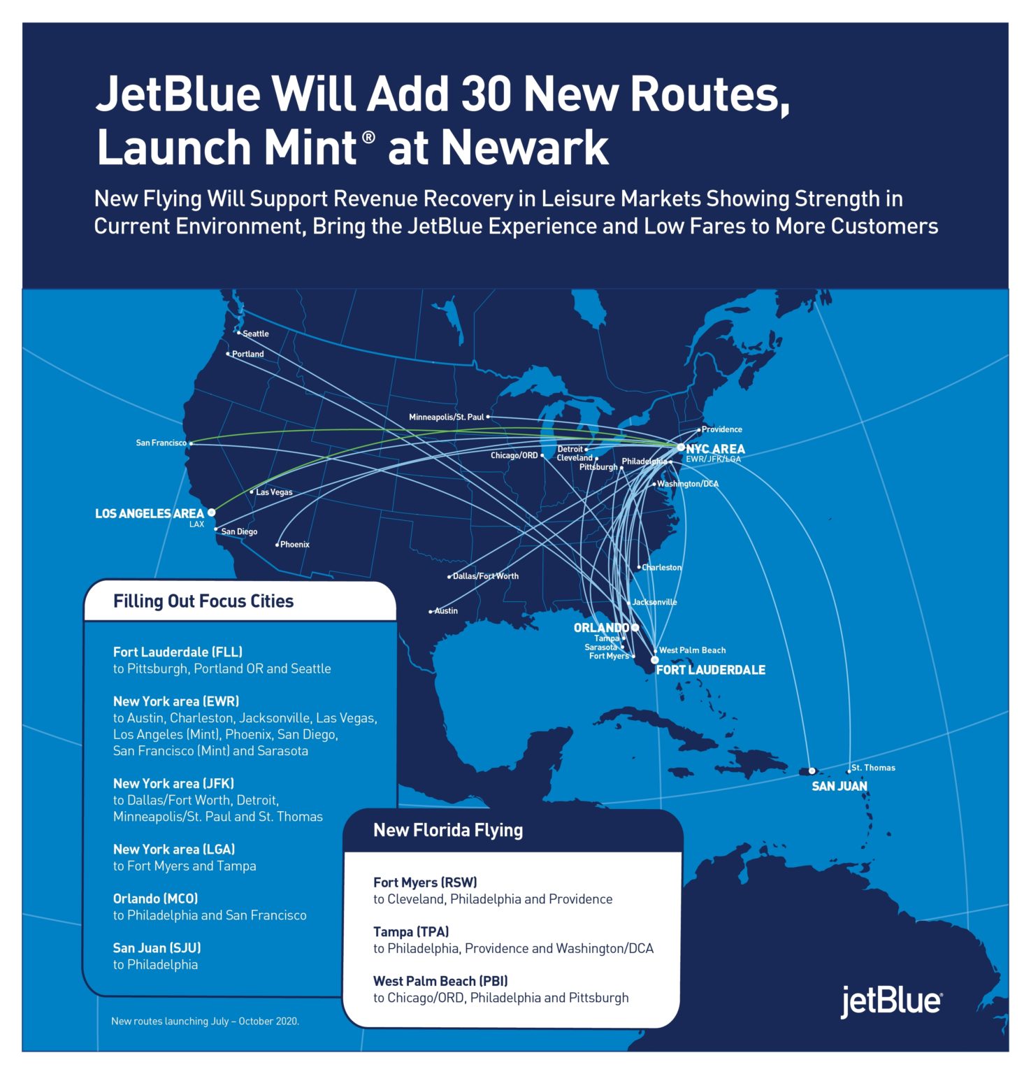 JetBlue Launches Mint At Newark & Announces 30 New Routes