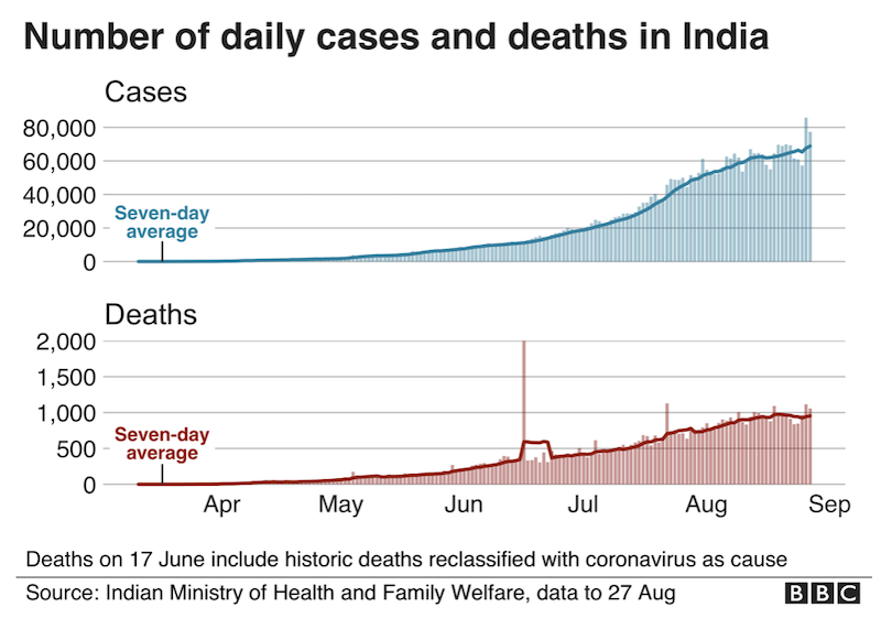 a graph of the number of daily cases and deaths
