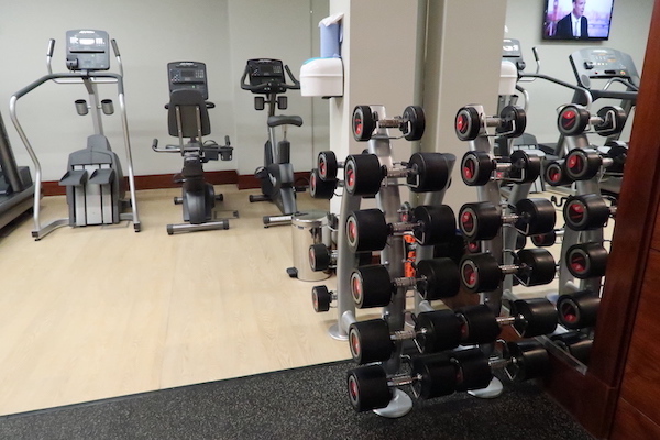 a group of exercise equipment in a gym