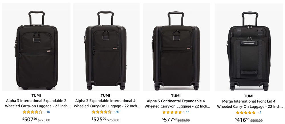 a collage of luggage with price tags
