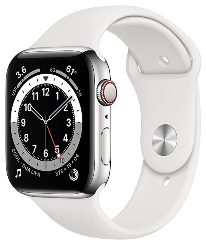 a smart watch with a white band