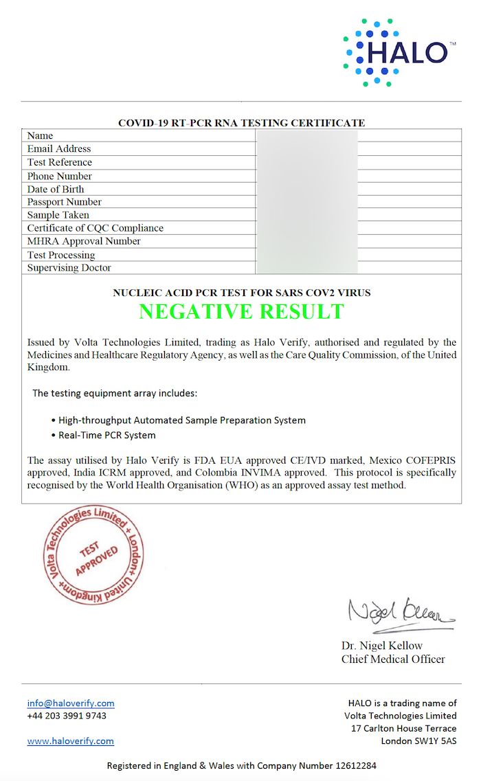 a test results form with a red stamp