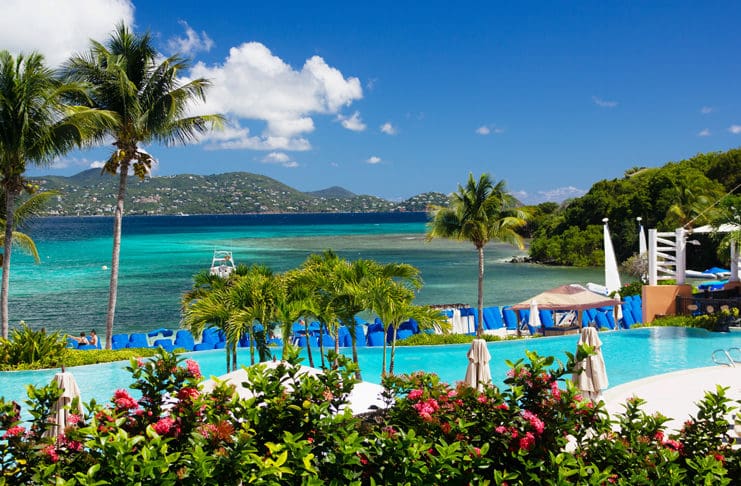 a pool with palm trees and chairs by a body of water